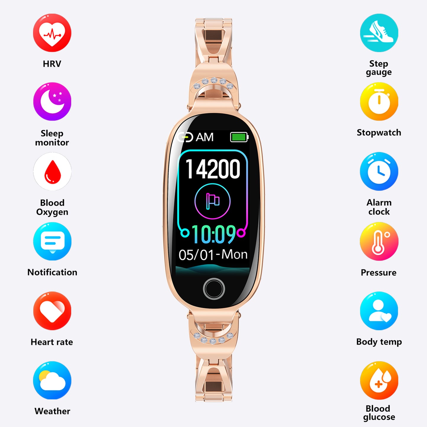Reloj inteligente dorado para mujer, compatible con Android e iOS, pulsera inteligente con control del ciclo menstrual, frecuencia cardíaca, presión arterial, fotografía remota, podómetro resistente al agua. 