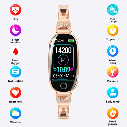Reloj inteligente dorado para mujer, compatible con Android e iOS, pulsera inteligente con control del ciclo menstrual, frecuencia cardíaca, presión arterial, fotografía remota, podómetro resistente al agua. 