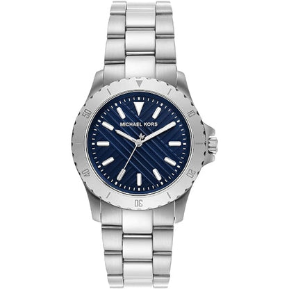 Michael Kors MK9079 watch with stainless steel band and blue dial, showcasing refined men's style and quality.