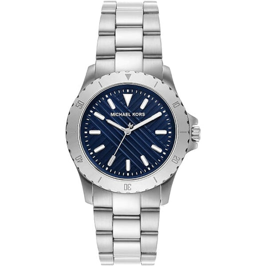Michael Kors MK9079 watch with stainless steel band and blue dial, showcasing refined men's style and quality.