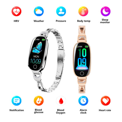 Reloj inteligente dorado para mujer, compatible con Android e iOS, pulsera inteligente con control del ciclo menstrual, frecuencia cardíaca, presión arterial, fotografía remota, podómetro resistente al agua. 