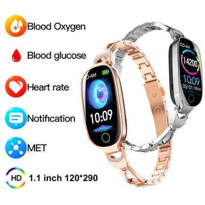 Reloj inteligente dorado para mujer, compatible con Android e iOS, pulsera inteligente con control del ciclo menstrual, frecuencia cardíaca, presión arterial, fotografía remota, podómetro resistente al agua. 