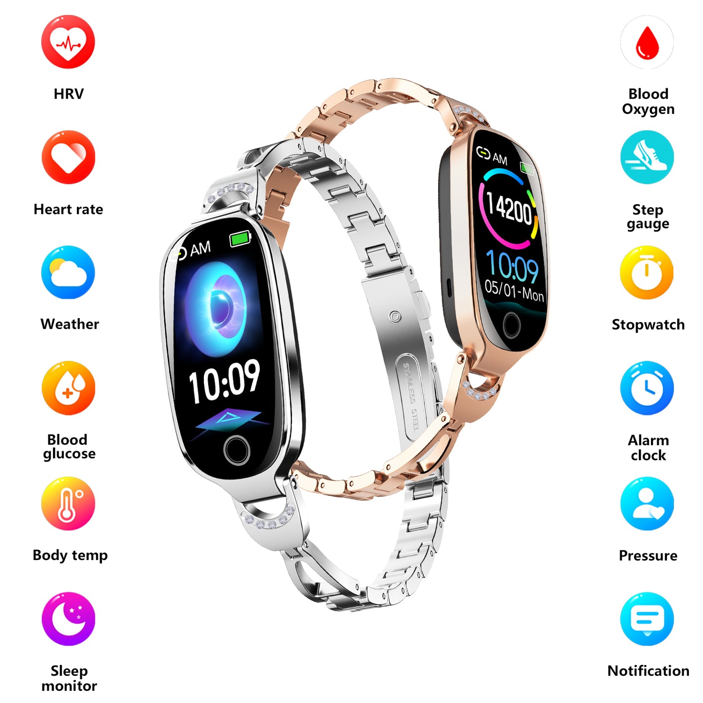 Reloj inteligente dorado para mujer, compatible con Android e iOS, pulsera inteligente con control del ciclo menstrual, frecuencia cardíaca, presión arterial, fotografía remota, podómetro resistente al agua. 