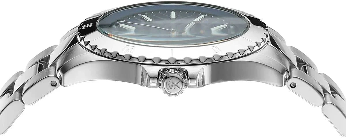 Michael Kors MK9079 watch side view showcasing stainless steel design and blue dial for men's chronograph style.