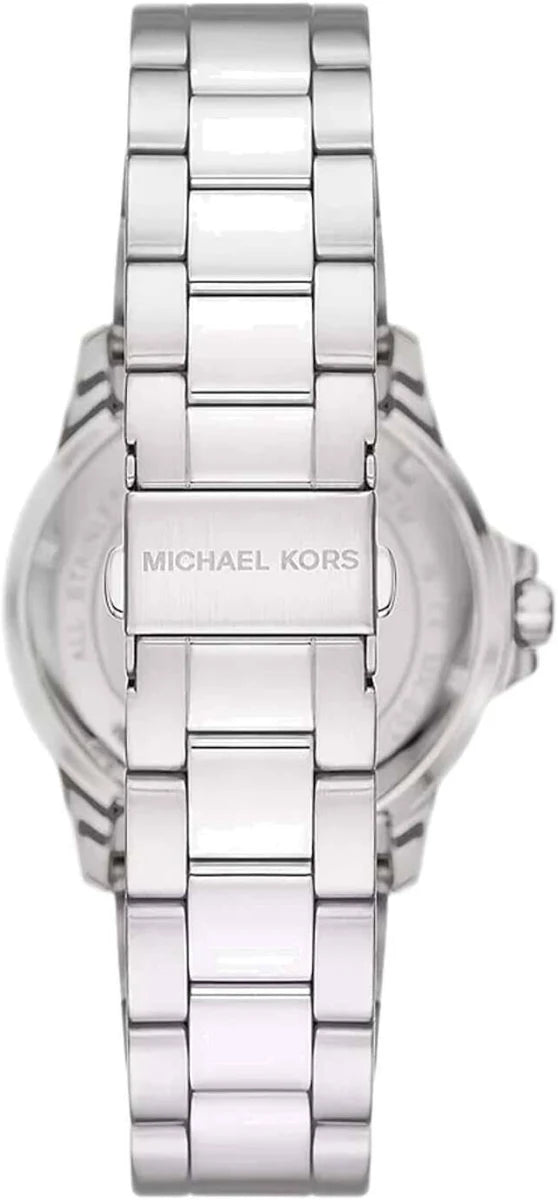 Michael Kors MK9079 watch back view showcasing sleek stainless steel band and logo.